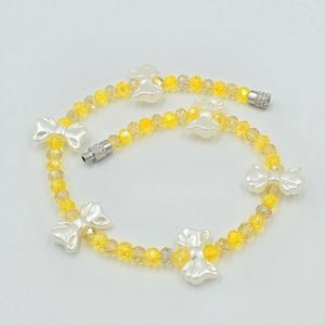 Handmade Pearl Bows & Yellow Crystals Beaded Ankle Bracelet Anklet